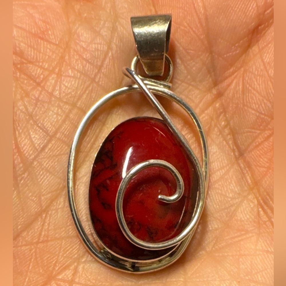 Unknown Stone Oval Pendant w/Swirl Stamped  .925, Deep Red & Black (Red Jasper?)
